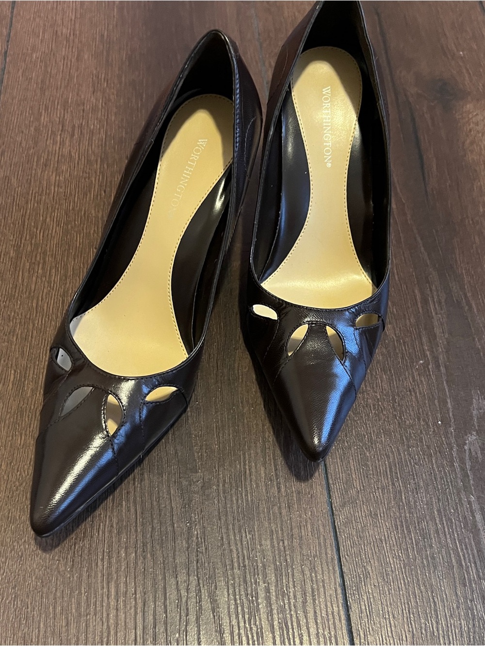 Worthington chocolate Patent Pointed-Toe Cutout Pumps